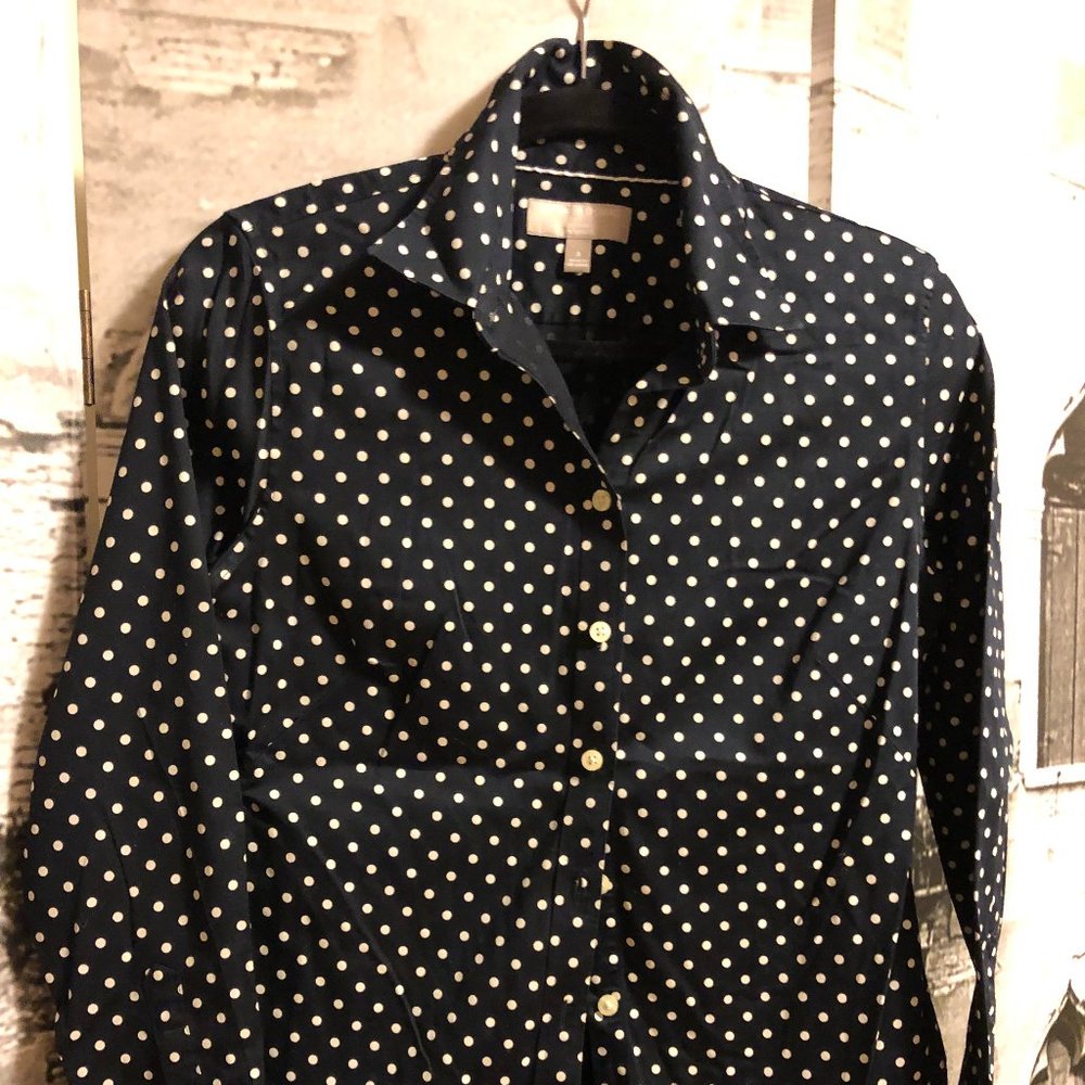 Banana Republic Navy Blue Polka Dot Button Down Blouse- Size 8